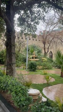 Rain-wet garden courtyard with glossy hedges, curved wooden paths, palms, ornamental fountain, historic stone wall, and bare trees under soft overcast light, with garden, hedge, foliage, wet detail