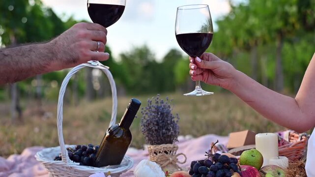 Couple clinking wine glasses during romantic vineyard picnic at sunset with fruits and bottle.