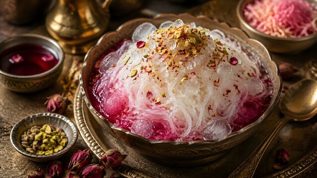 Traditional Persian Faloodeh dessert with rose water syrup. Cold rice vermicelli noodles with pistachios. Middle Eastern sweet treat.
