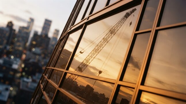 Mirrored curtain wall panels reflecting a crane boom at dusk with aluminum mullions on a modern building facade