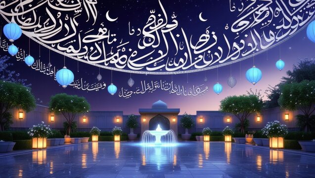 Illuminated courtyard fountain in Islamic palace with glowing hanging blue lanterns and Arabic calligraphy night sky