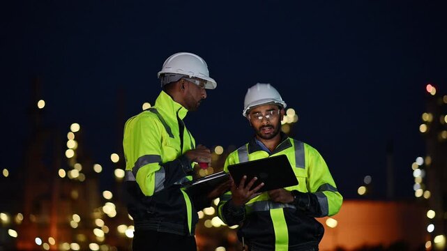 Engineer wear uniform and helmet stand workplace hand holding tablet and laptop computer, survey inspection team work plant site to work with night lights oil refinery background.	