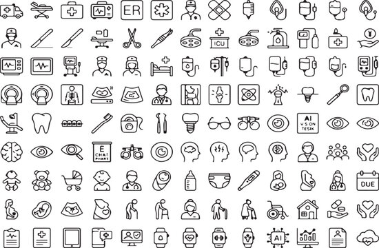 Comprehensive Collection of Medical and Healthcare Line Icons for Hospital and Clinic Use