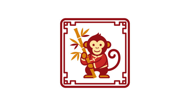 Cute monkey holding bamboo in square frame