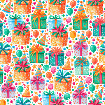 Birthday watercolor seamless pattern with colorful gifts and decorations