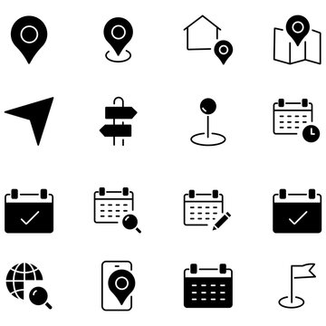Location and calendar icon set, 16 black solid map pins and schedule symbols, navigation and planning vector icons for apps