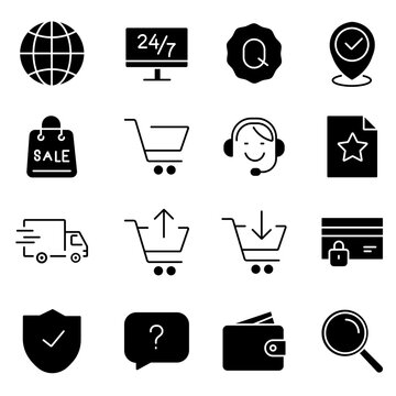 E-commerce shopping icons set, black solid and line vector symbols, 16 retail business graphics for web and mobile apps