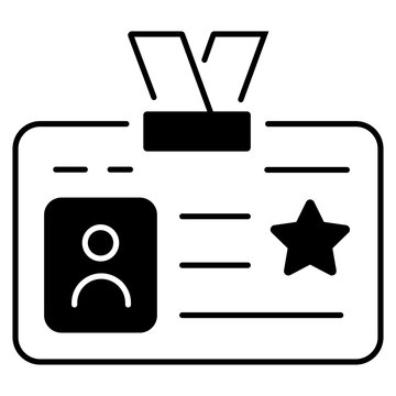 Minimalist ID card icon, professional identification badge vector, black and white employee name tag with star and lanyard