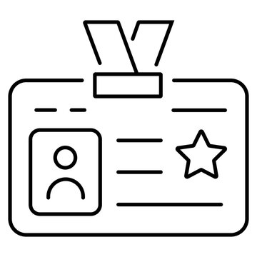 Minimalist ID card line icon, professional identification badge vector, employee name tag with lanyard and star symbol