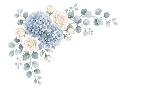 Watercolor blue hydrangea and white rose corner arrangement