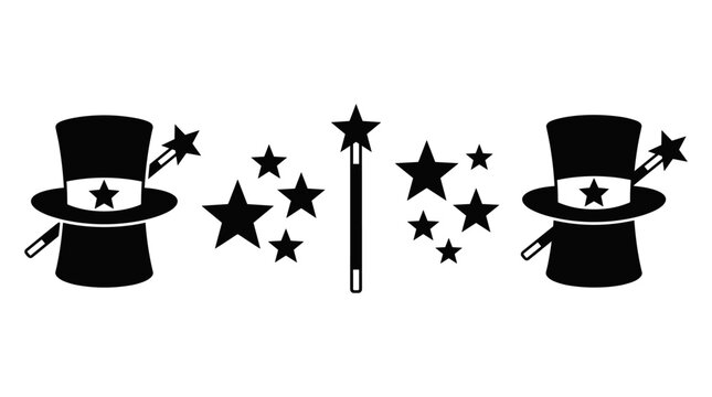 Magician hat and wand with stars magic show silhouettes.