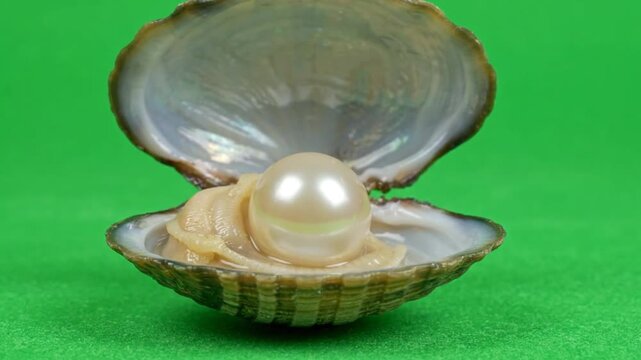 Shiny white pearl inside an open oyster shell resting against a solid green background