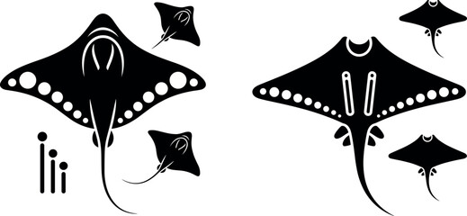 Black manta ray vector silhouette set displaying detailed stingray marine life icons isolated on white background © VARAT
