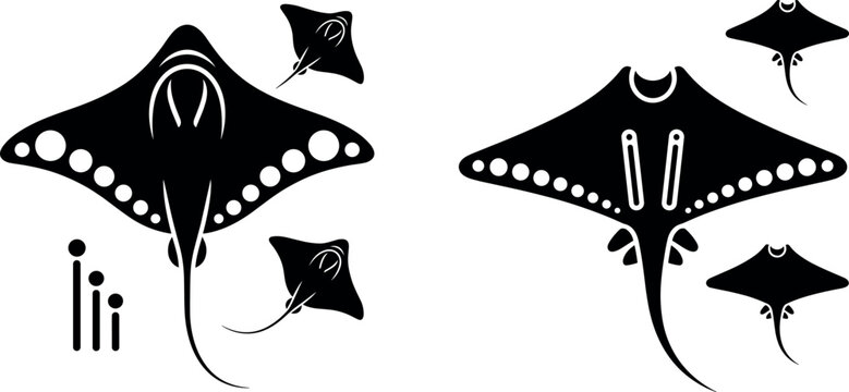 Black manta ray vector silhouette set displaying detailed stingray marine life icons isolated on white background