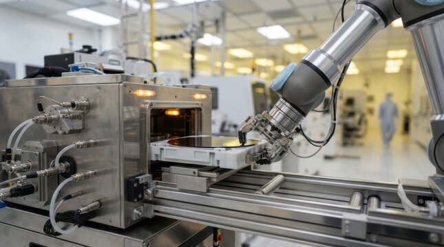 Robotic arm loading a wafer cassette into a semiconductor fab tool inside a cleanroom production bay.