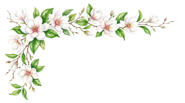 Watercolor corner arrangement with white apple blossom and branch