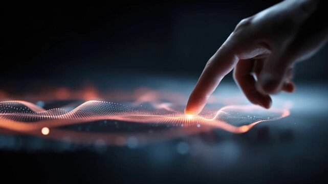 A human finger makes contact with a glowing digital interface, activating a wave of light and data in a futuristic, technological concept. ..Created with Generative AI, not depicting real subjects.