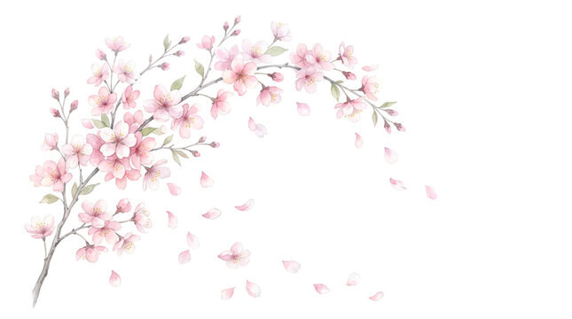 Watercolor cherry blossom corner arrangement with falling petal