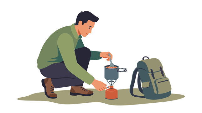 Hiker vector illustration cooking meal on portable camping stove with backpack isolated on white background for outdoor adventure
