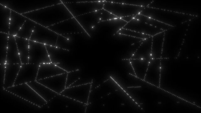 Glowing white spider web network zooming outward dynamically, halloween cobweb light particle reveal transition overlay animation, creepy digital net visual element on black background. 4k video