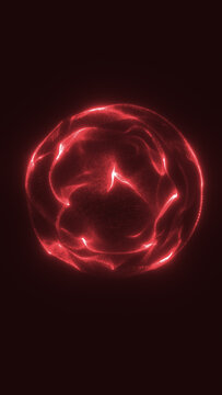 Glowing red energy sphere with fluid mesh texture, luminous particle waves, and futuristic digital light on a dark background.