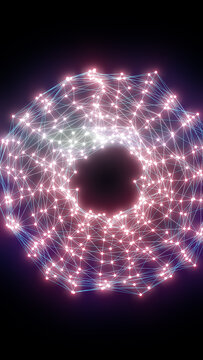 Glowing pink and cyan network torus with connected nodes, polygonal lines, and futuristic digital structure on black background.