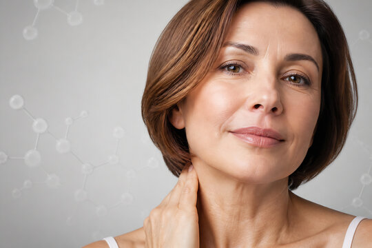 A middle-aged woman with brown hair is looking directly at the camera against a light background featuring faint molecular structures.