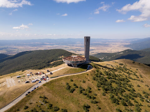 Aerial View of Buzludzha Monument Peak and Balkan Mountains, Bulgaria