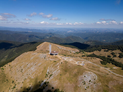 Aerial View of Buzludzha Monument Peak and Balkan Mountains, Bulgaria