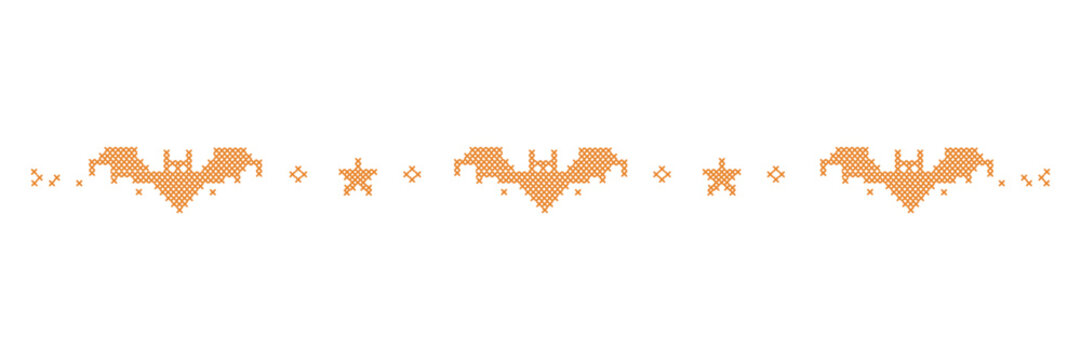 Cross stitch halloween frame border. Spooky embroidery folk art pattern element. Digital ribbon design with bat and star motifs for graphic ornaments.