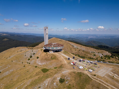 Aerial View of Buzludzha Monument Peak and Balkan Mountains, Bulgaria