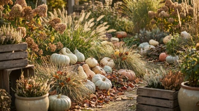 Autumn garden decoration with diverse pumpkins, gourds, dried hydrangeas, and ornamental grasses arranged in a natural outdoor setting