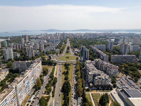 Aerial View of Burgas City Skyline, Main Boulevard, and Black Sea Coast