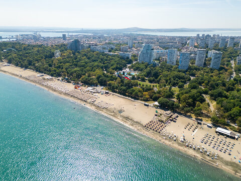 Aerial View of Burgas Central Beach, Sea Garden, and Black Sea Coast, Bulgaria