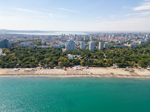 Aerial View of Burgas Central Beach, Sea Garden, and Black Sea Coast, Bulgaria