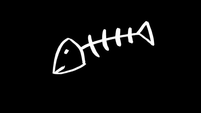 Fishbone hand drawn animation, fish bone skeleton ocean seafood waste animated illustration, motion graphic cartoon line art icon element for video preset