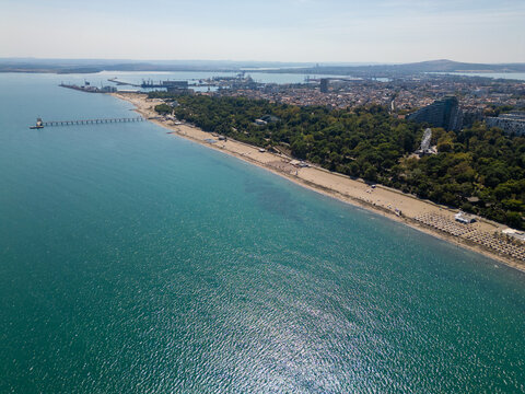 Aerial View of Burgas Central Beach, Sea Garden, and Black Sea Coast, Bulgaria