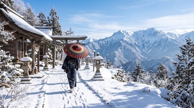 Traditional Japanese Woman in Kimono Holding a Parasol Walking Through a Snowy Shrine Path