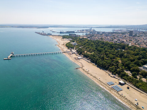 Aerial View of Burgas Sea Pier, Sandy Beach, and Port Bay, Bulgaria
