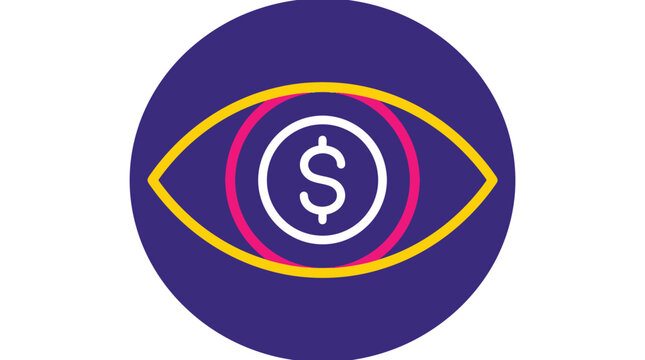 Stylized eye icon featuring a central dollar currency symbol in vibrant purple yellow and pink colors