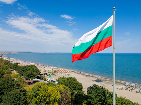 Bulgarian Flag Waving over Sandy Beach, Black Sea, and Burgas Coast, Bulgaria