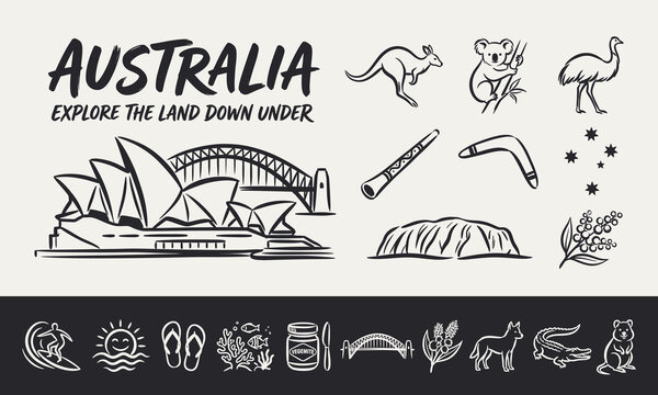 Australia travel icons set featuring kangaroo koala landmarks and native animals in black line art