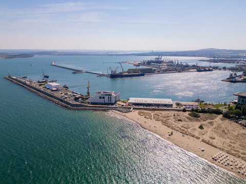 Aerial View of Burgas Lighthouse, Port Breakwater, Marina, and City Skylinev