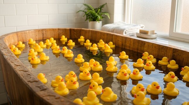 Numerous Floating Yellow Rubber Duckies in a Wooden Bathtub Filled with Water