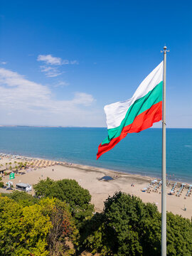 Bulgarian Flag Waving over Sandy Beach, Black Sea, and Burgas Coast, Bulgaria