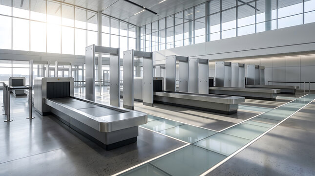 Empty airport security checkpoint with metal detectors, conveyor belts, and large glass windows in terminal