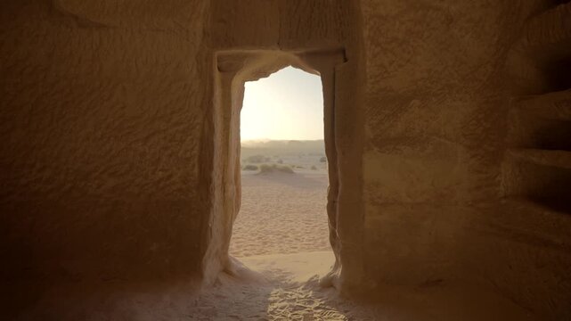 Cinematic interior shot of rock cut Nabataean tomb chamber and burial niches inside sandstone mountain at Madain Saleh AlUla