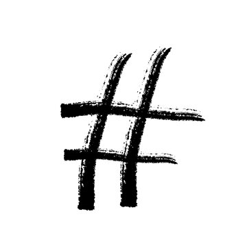 Hashtag grunge isolated symbol - hand painted hash sign. Hashtag character, useful design element for social media trending tag. Transparent PNG illustration.