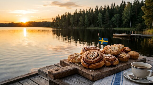 Delicious Swedish Cinnamon Buns and Pastries Displayed on a Wooden Board by a Serene Lake at Sunset