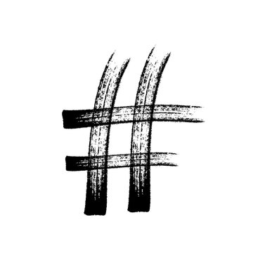 Hashtag grunge isolated symbol - hand painted hash sign. Hashtag character, useful design element for social media trending tag.